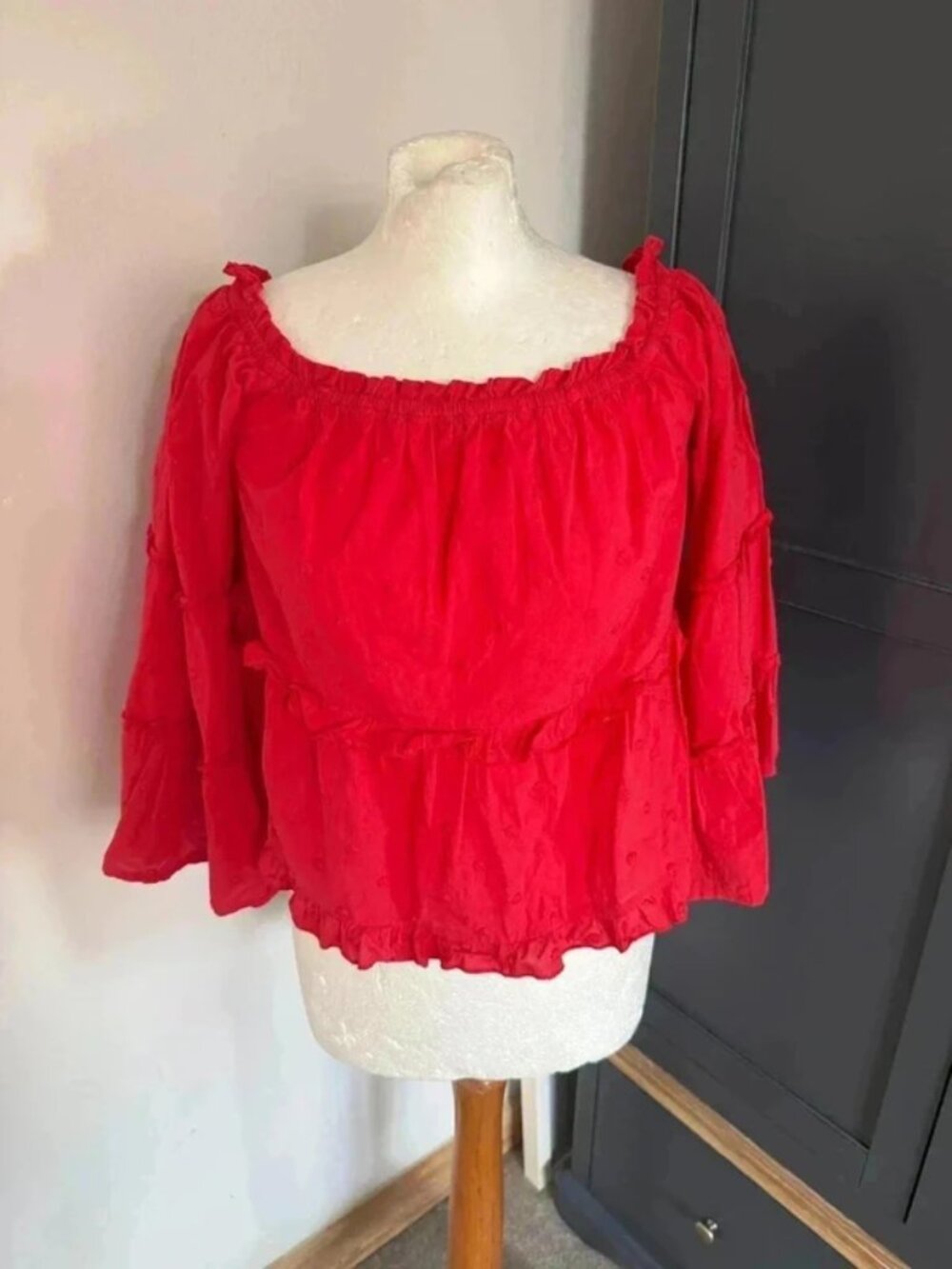 Mint Velvet Red Polka Dot Embroidered Ruffle Top Size L Bell Sleeve